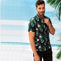 Camisa Preta Masculina Estampada Florida Manga Curta de Botão