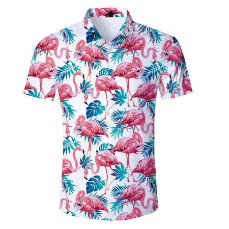 Camisa Aberta Estampa Flamingo Floral Masculina Manga Curta cor Branca