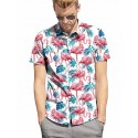 Camisa Aberta Estampa Flamingo Floral Masculina Manga Curta cor Branca