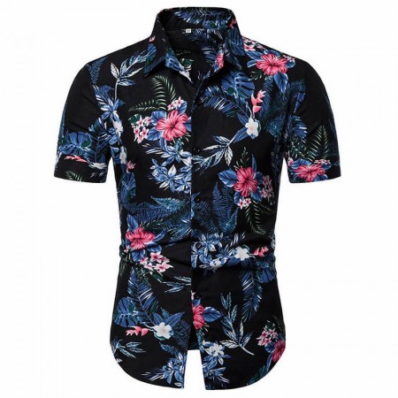 Camisa Masculina Estampada Colorida Flores Tropicais Manga Curta