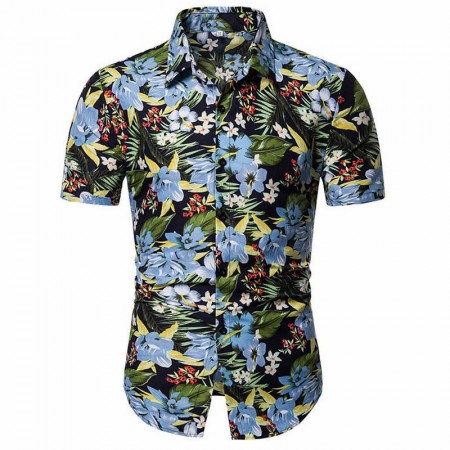 Camisa Masculina Estampada Colorida Flores Tropicais Manga Curta