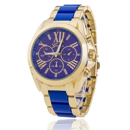 Relógio Feminino Inoxidável Casual Azul Bonito Elegante Dourado