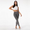 Calça Feminina Leggings Cós Alto Textura Jeans Cinza