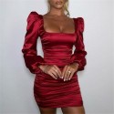 Womens Red Silk Shiny Long Sleeve Dress