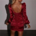 Womens Red Silk Shiny Long Sleeve Dress