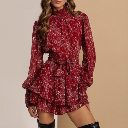 Womens Short Floral Ruffle Dress with Bow at the Waist High Neck