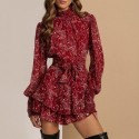 Vestido Curto Femininos de Babados Floral com Laço na Cintura Gola Alta