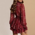 Womens Short Floral Ruffle Dress with Bow at the Waist High Neck