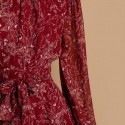 Vestido Curto Femininos de Babados Floral com Laço na Cintura Gola Alta