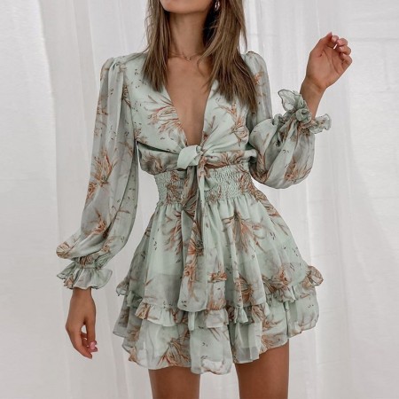 Womens Floral Print Silk Dress Womens Casual Long Sleeve Puffed