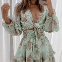 Womens Floral Print Silk Dress Womens Casual Long Sleeve Puffed