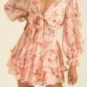 Womens Floral Print Silk Dress Womens Casual Long Sleeve Puffed