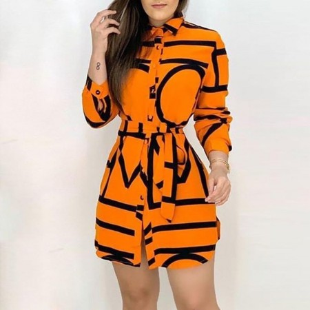 Womens Long Sleeve Printed Bow Belt Dress