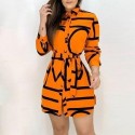 Womens Long Sleeve Printed Bow Belt Dress