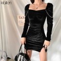 Womens Plain Fabric Dress Short Elegant Long Sleeve