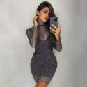 Vestido de Luxo Moda Metalizado Manga Longa Transparente