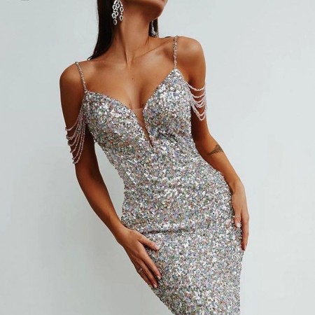 Elegant Glittering Sequin Sequin Dress White Silver with Stones