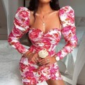 Womens Floral Dress with Ruffle and Puffed Sleeves