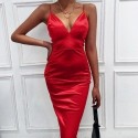 Womens Dress Elegant Red Midi Social Party Plain Fabric