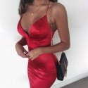 Womens Dress Elegant Red Midi Social Party Plain Fabric