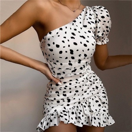 Womens Mini Dress Dalmatians Print Round One Shoulder Skirt