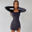 Womens Short Dress Long Sleeve Checkered Neckline