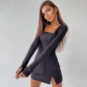 Womens Short Dress Long Sleeve Checkered Neckline