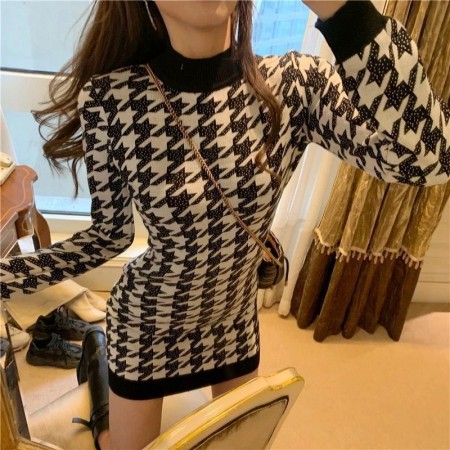 New Trend Womens Dress Printed Sweatshirt Fashion Winter Checkered Long Sleeve