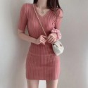 Womens Short Dress Comfortable Model Elastane V-Neck Pleated