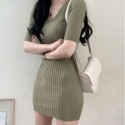 Womens Short Dress Comfortable Model Elastane V-Neck Pleated