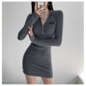 Womens Casual Zip Dress Thick Mesh Plain Fabric Long Sleeve