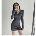 Womens Casual Zip Dress Thick Mesh Plain Fabric Long Sleeve