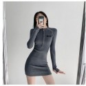 Womens Casual Zip Dress Thick Mesh Plain Fabric Long Sleeve