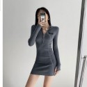 Womens Casual Zip Dress Thick Mesh Plain Fabric Long Sleeve