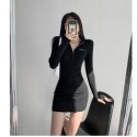 Vestido Casual Com zíper Feminino Malha Grossa Tecido Liso Manga Longa