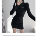 Womens Casual Zip Dress Thick Mesh Plain Fabric Long Sleeve