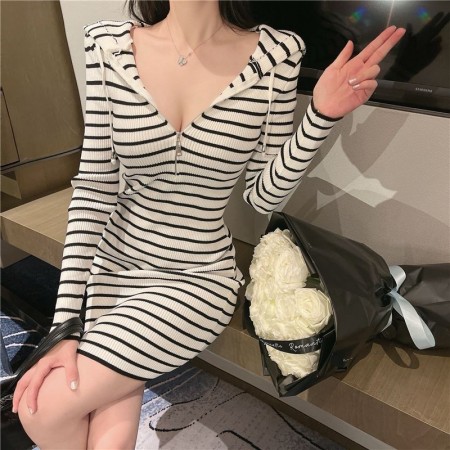 Womens Long Sleeve Striped Winter Fashion Dress With Hood