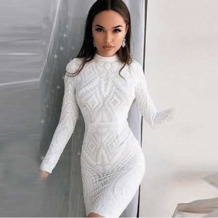 Vestido Curto Branco Manga Longa Luxo Moda Inverno Tricotado Para Festas