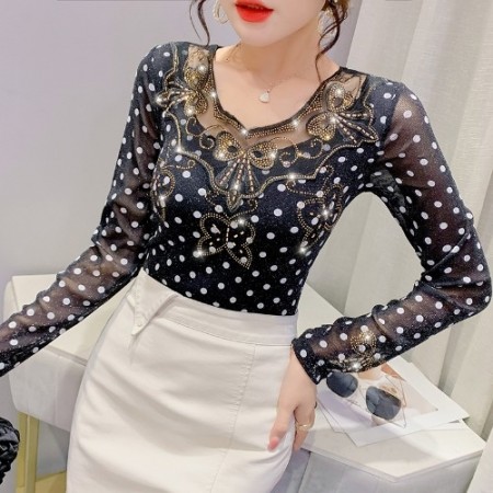 Blouse Lace Yarn Golden Chiffon Black and White Long Sleeve