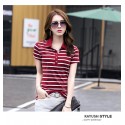 Camiseta Polo Feminina Listrada Casual Verde e Rosa Esporte Fino
