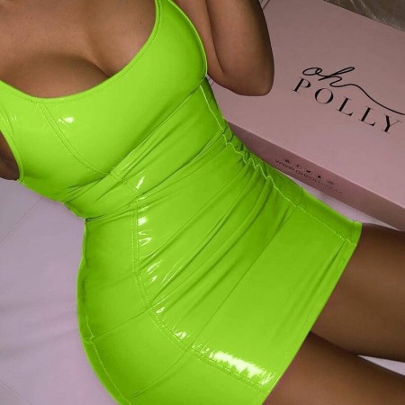 Green Flourescent Smooth Leather Dress Tight