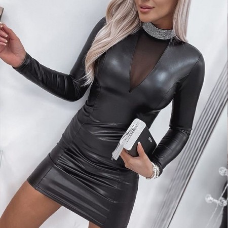 Womens elegant dress long sleeve casual black leather