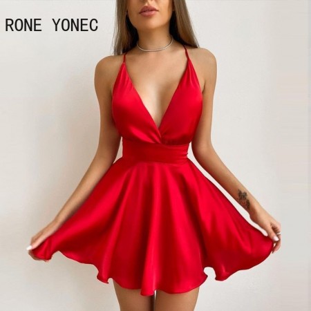 Vestido feminino liso espaguete decote profundo saia rodada