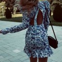 Klalien Floral Dress Short Long Sleeve Wide Shoulders