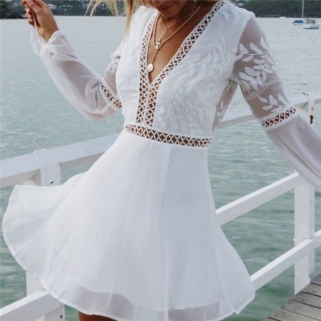 Dress Fashion Summer Beach White Lace Knitted Tulle