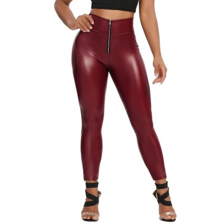 PU Leather Zipper High Waist Leggings Faux Womens Yoga Pants Slim Leggins Sexy Curvy Elastic Belly Control Ruched Fitness Pants