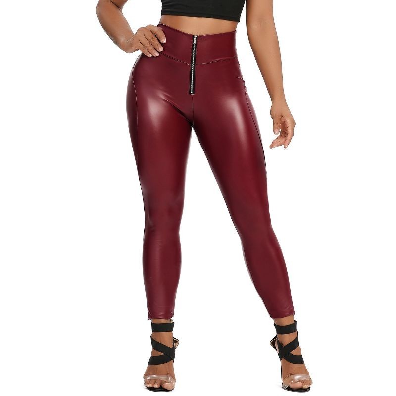 PU Leather Zipper High Waist Leggings Faux Womens Yoga Pants Slim Leggins  Sexy Curvy Elastic Belly Control Ruched Fitness Pants