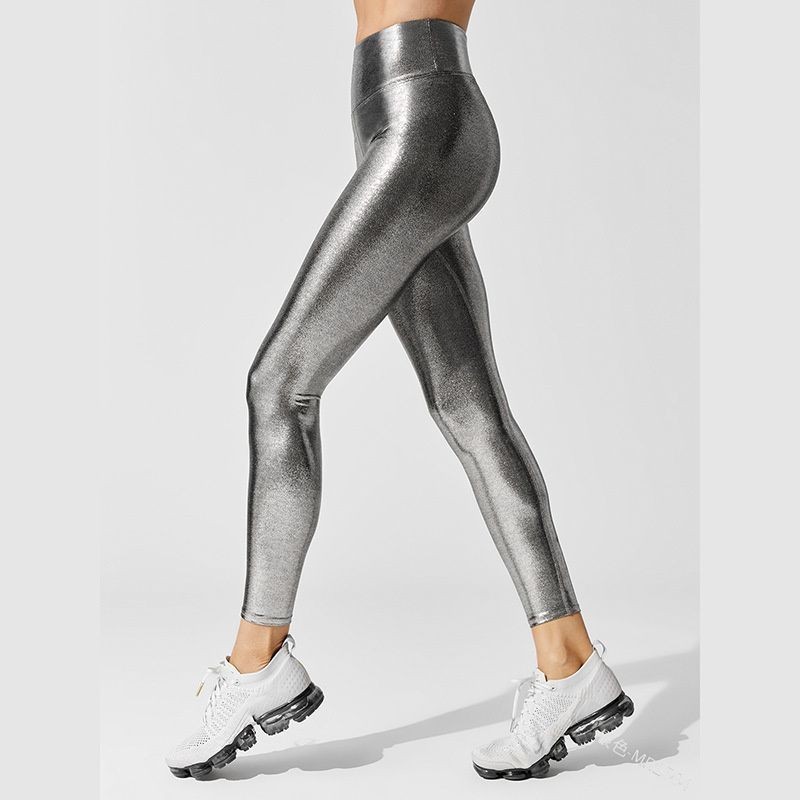 Womens Metallic Glow Yoga Pants Elastic Waist Sexy Shiny