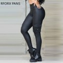 Military Resin Pencil Leather Pants Womens Cargo Pockets