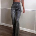 Womens Wide Pants with Shiny Glitter High Waist